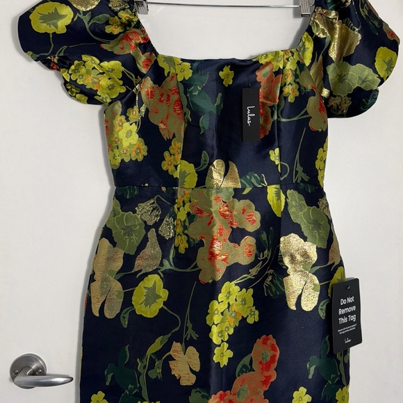 Lulus So Stunning Navy Blue Floral Jacquard Puff Sleeve Mini Dress - Picture 3 of 13